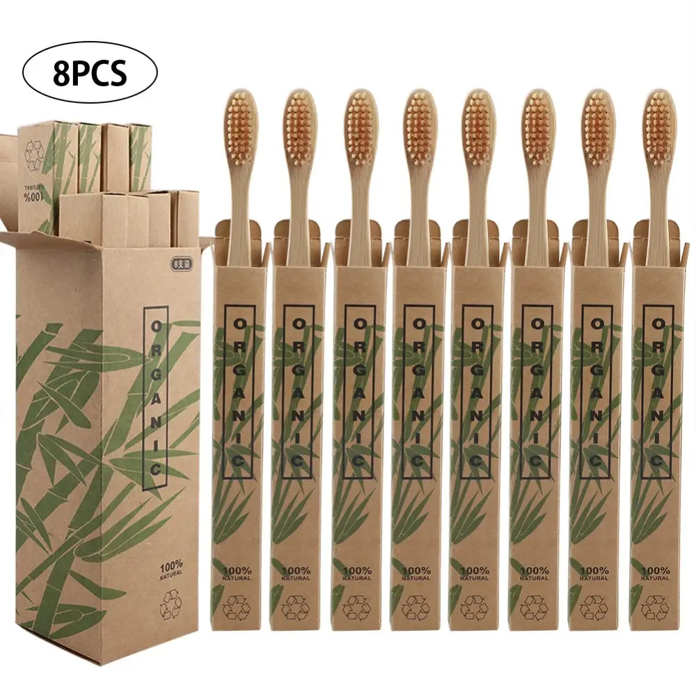 8pcs beige bamboo toothbrush in their eco-friendly and biodegradable packaging
