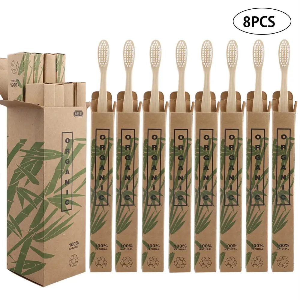 8pcs white bamboo toothbrush in their eco-friendly and biodegradable packaging