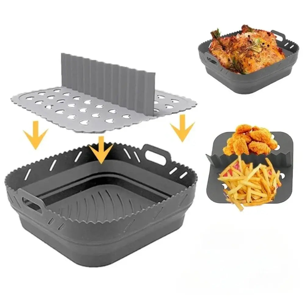 The Gray Air Fryer Silicone Tray containing a cooked chicken, the removable tray containing nuggets and chips.