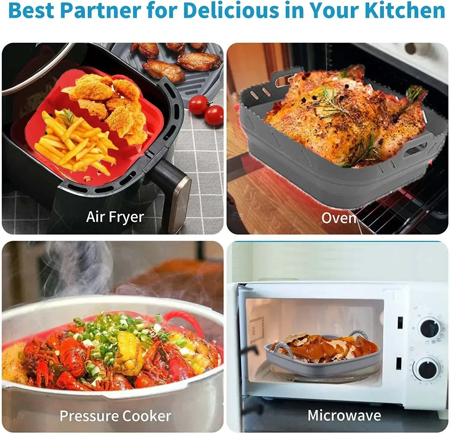 4 different scenarios for cooking: Air fryer, Oven, Pressure cooker and Microwave.