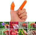 A picture at the top of someone hand wearing the knife finger protector set and 8 picture below of the set being used to cut various vegetables.