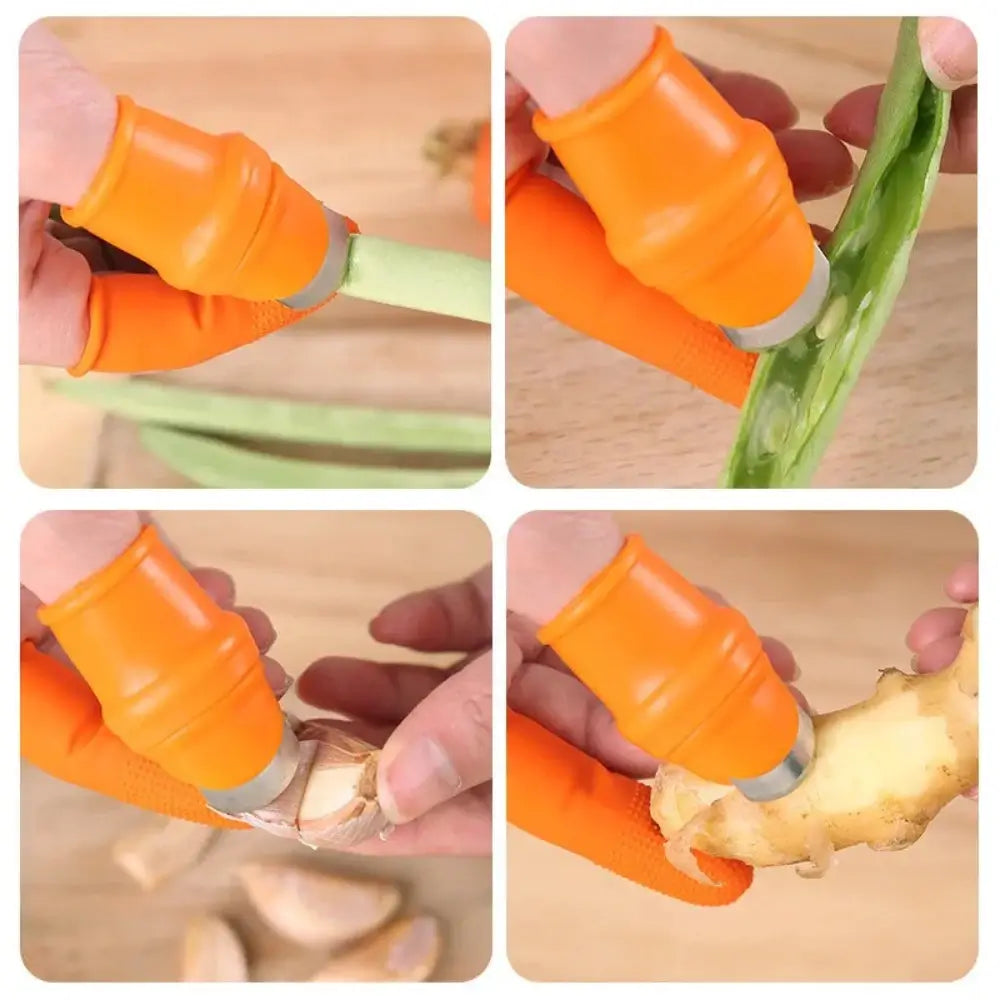 4 pictures of the knife finger protector set being used to peel various vegetables.