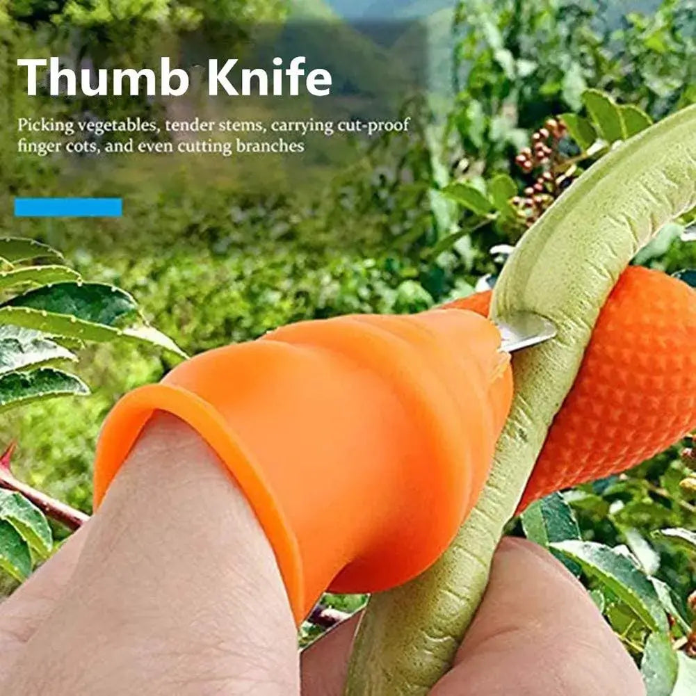 Someone using the The knife finger protector set to cut a green bean with a garden in the background