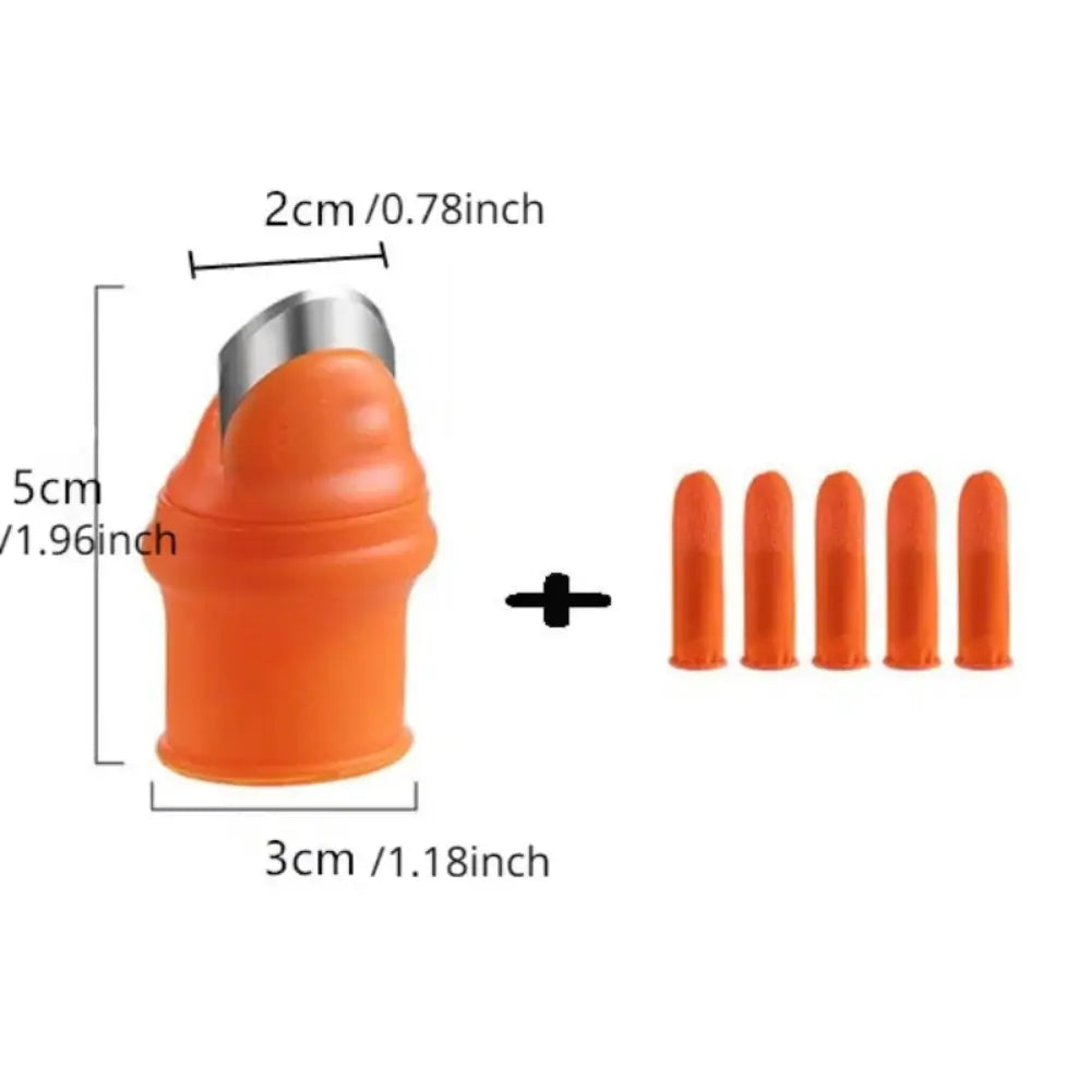 The dimensions of the thumb knife: 3cm/1.18inches in width, 5cm/1.96inches in height, 2cm/0.78inches in depth as well as 5 of the finger protectors, with a white background