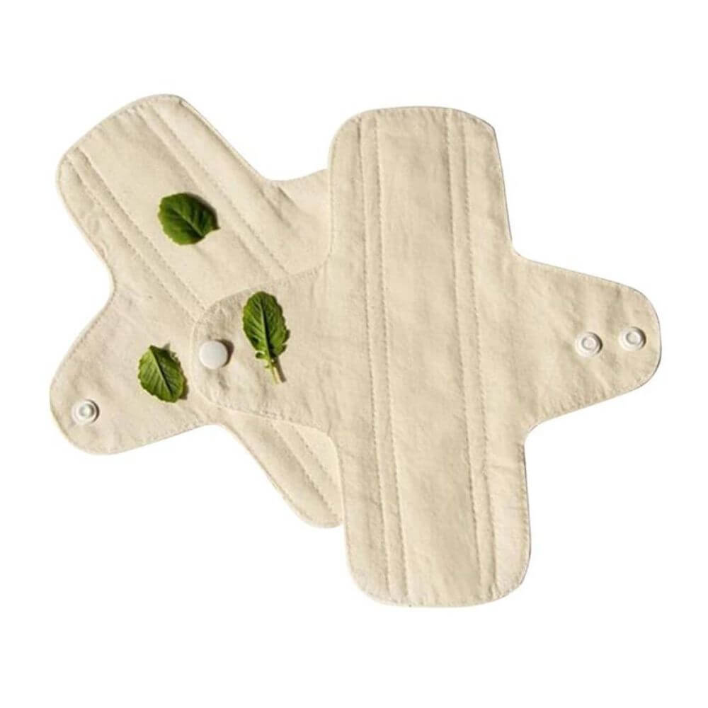 Two Reusable Sanitary Pads with 3 tiny leaves resting on the sides. White background