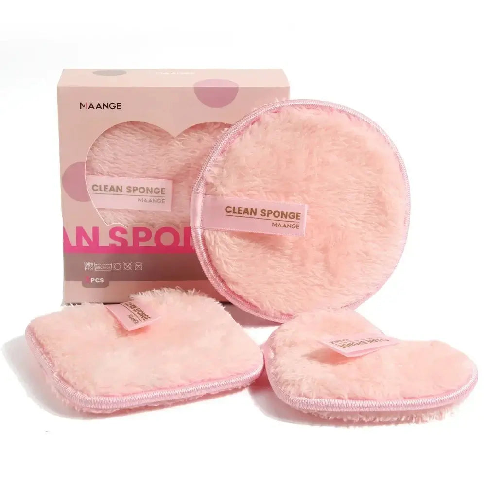 The washable makeup sponge packaging and the 3 reusable makeup remover pads In front with a white background